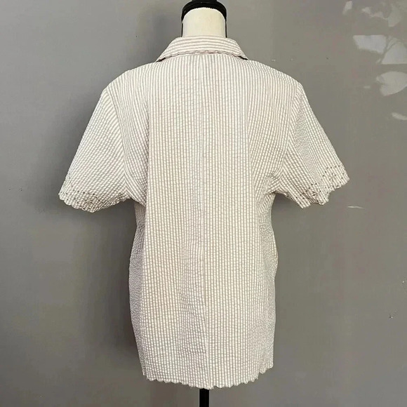 Susan Graver Seersucker Jacket & Shorts Set Womens L Tan Striped Eyelet Retro - Picture 3 of 16